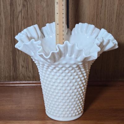 LOT 50M: Vintage Fenton Hobnail Milk Glass Fruit Bowl, Vase, and Candle Holder Bowl