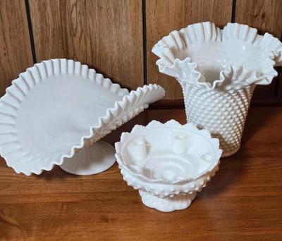 LOT 50M: Vintage Fenton Hobnail Milk Glass Fruit Bowl, Vase, and Candle Holder Bowl