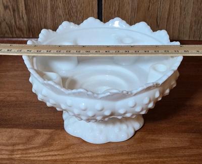 LOT 50M: Vintage Fenton Hobnail Milk Glass Fruit Bowl, Vase, and Candle Holder Bowl