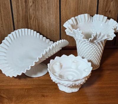 LOT 50M: Vintage Fenton Hobnail Milk Glass Fruit Bowl, Vase, and Candle Holder Bowl