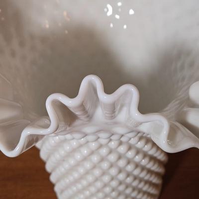 LOT 50M: Vintage Fenton Hobnail Milk Glass Fruit Bowl, Vase, and Candle Holder Bowl