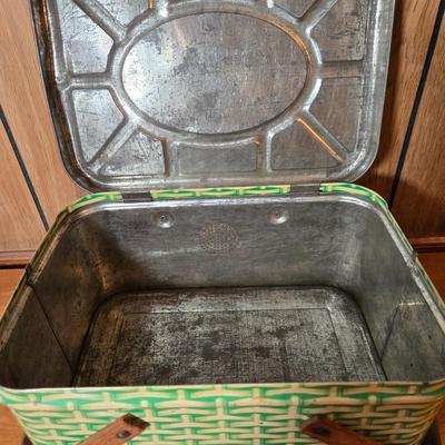 LOT 56M: Vintage Metal Picnic Basket, First Aid Tin, Jean Nate Powder Tin, and More