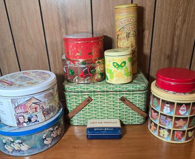 LOT 56M: Vintage Metal Picnic Basket, First Aid Tin, Jean Nate Powder Tin, and More