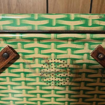 LOT 56M: Vintage Metal Picnic Basket, First Aid Tin, Jean Nate Powder Tin, and More