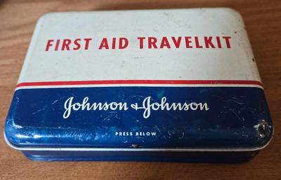 LOT 56M: Vintage Metal Picnic Basket, First Aid Tin, Jean Nate Powder Tin, and More