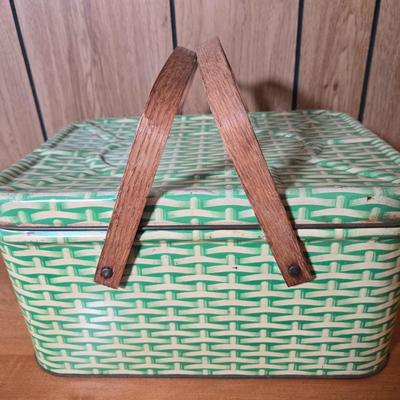 LOT 56M: Vintage Metal Picnic Basket, First Aid Tin, Jean Nate Powder Tin, and More