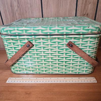 LOT 56M: Vintage Metal Picnic Basket, First Aid Tin, Jean Nate Powder Tin, and More