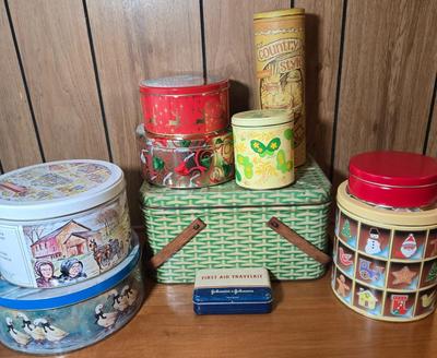 LOT 56M: Vintage Metal Picnic Basket, First Aid Tin, Jean Nate Powder Tin, and More