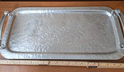LOT 57M: Vintage Groovy Mushroom TV Tray, Tin Folk Art Serving Tray, Hand Wrought Aluminum Tray with Handles, Round Floral Tray, Glass...