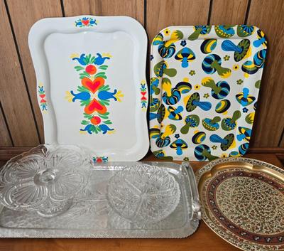 LOT 57M: Vintage Groovy Mushroom TV Tray, Tin Folk Art Serving Tray, Hand Wrought Aluminum Tray with Handles, Round Floral Tray, Glass...