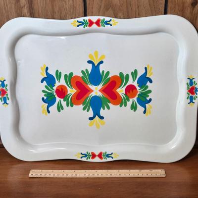 LOT 57M: Vintage Groovy Mushroom TV Tray, Tin Folk Art Serving Tray, Hand Wrought Aluminum Tray with Handles, Round Floral Tray, Glass...