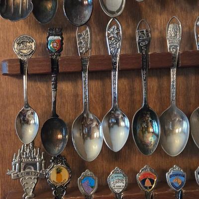 LOT 58D: Large Selection of Collectible Spoons with Wooden Wall Display