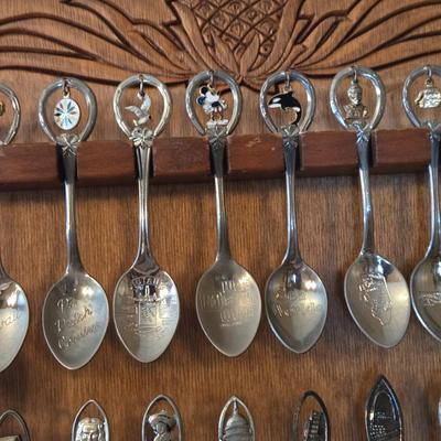 LOT 58D: Large Selection of Collectible Spoons with Wooden Wall Display