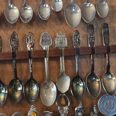 LOT 58D: Large Selection of Collectible Spoons with Wooden Wall Display