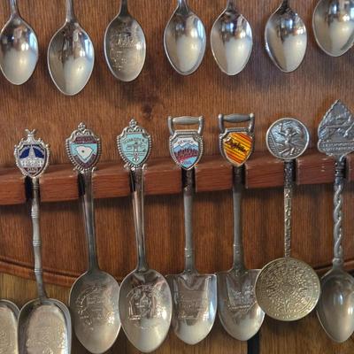 LOT 58D: Large Selection of Collectible Spoons with Wooden Wall Display