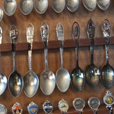 LOT 58D: Large Selection of Collectible Spoons with Wooden Wall Display
