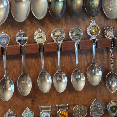 LOT 58D: Large Selection of Collectible Spoons with Wooden Wall Display