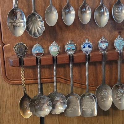 LOT 58D: Large Selection of Collectible Spoons with Wooden Wall Display