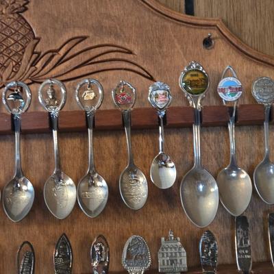LOT 58D: Large Selection of Collectible Spoons with Wooden Wall Display