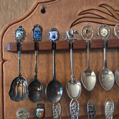 LOT 58D: Large Selection of Collectible Spoons with Wooden Wall Display