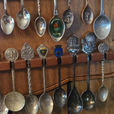 LOT 58D: Large Selection of Collectible Spoons with Wooden Wall Display