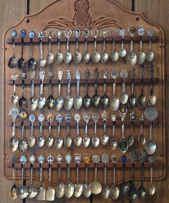 LOT 58D: Large Selection of Collectible Spoons with Wooden Wall Display