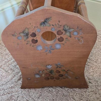LOT 62L: Beautiful Thomasville Night Stand, Wooden TV Trays, Vintage Solid Wood Magazine Rack, Wooden Framed Mirror, and Wooden Milking...