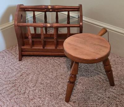 LOT 62L: Beautiful Thomasville Night Stand, Wooden TV Trays, Vintage Solid Wood Magazine Rack, Wooden Framed Mirror, and Wooden Milking...