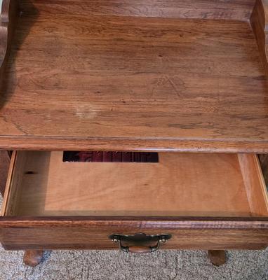 LOT 62L: Beautiful Thomasville Night Stand, Wooden TV Trays, Vintage Solid Wood Magazine Rack, Wooden Framed Mirror, and Wooden Milking...