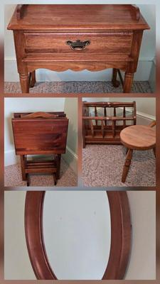 LOT 62L: Beautiful Thomasville Night Stand, Wooden TV Trays, Vintage Solid Wood Magazine Rack, Wooden Framed Mirror, and Wooden Milking...