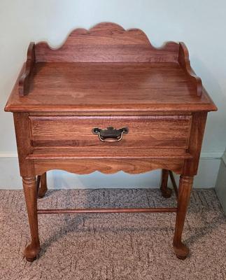 LOT 62L: Beautiful Thomasville Night Stand, Wooden TV Trays, Vintage Solid Wood Magazine Rack, Wooden Framed Mirror, and Wooden Milking...