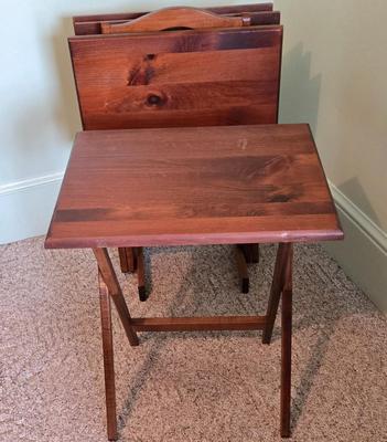 LOT 62L: Beautiful Thomasville Night Stand, Wooden TV Trays, Vintage Solid Wood Magazine Rack, Wooden Framed Mirror, and Wooden Milking...