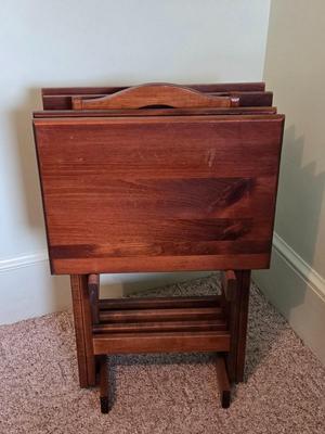 LOT 62L: Beautiful Thomasville Night Stand, Wooden TV Trays, Vintage Solid Wood Magazine Rack, Wooden Framed Mirror, and Wooden Milking...