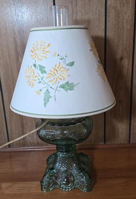 LOT 67L: Vintage Green Glass Table Lamp with Water Color Painted Shade