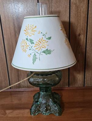 LOT 67L: Vintage Green Glass Table Lamp with Water Color Painted Shade