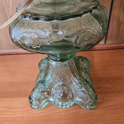 LOT 67L: Vintage Green Glass Table Lamp with Water Color Painted Shade