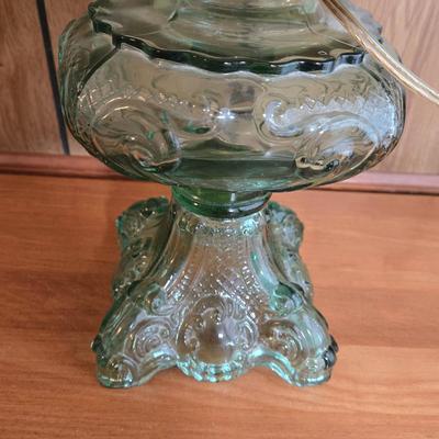 LOT 67L: Vintage Green Glass Table Lamp with Water Color Painted Shade