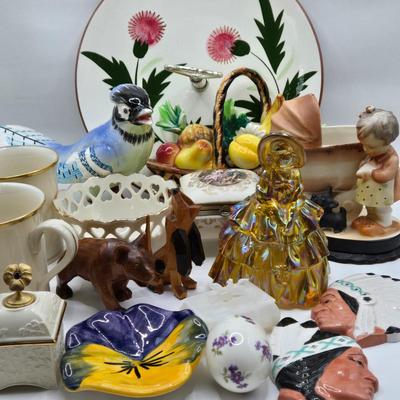 LOT 70D: Stangl Thistle Pattern Serving Plate and Pansy Trinket Dish, Lenox Mugs, Bowl with Heart Cut Out Edge, and Trinket Box, and More