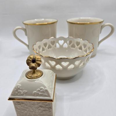 LOT 70D: Stangl Thistle Pattern Serving Plate and Pansy Trinket Dish, Lenox Mugs, Bowl with Heart Cut Out Edge, and Trinket Box, and More