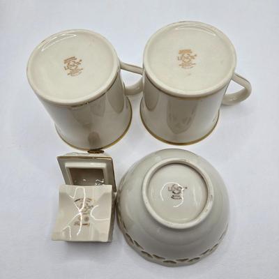 LOT 70D: Stangl Thistle Pattern Serving Plate and Pansy Trinket Dish, Lenox Mugs, Bowl with Heart Cut Out Edge, and Trinket Box, and More