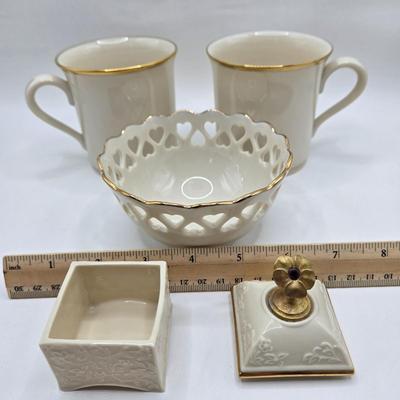 LOT 70D: Stangl Thistle Pattern Serving Plate and Pansy Trinket Dish, Lenox Mugs, Bowl with Heart Cut Out Edge, and Trinket Box, and More