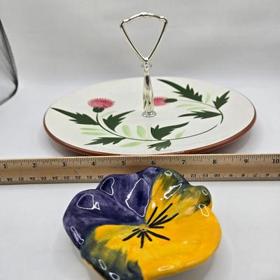 LOT 70D: Stangl Thistle Pattern Serving Plate and Pansy Trinket Dish, Lenox Mugs, Bowl with Heart Cut Out Edge, and Trinket Box, and More