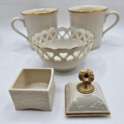 LOT 70D: Stangl Thistle Pattern Serving Plate and Pansy Trinket Dish, Lenox Mugs, Bowl with Heart Cut Out Edge, and Trinket Box, and More