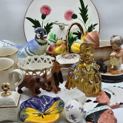 LOT 70D: Stangl Thistle Pattern Serving Plate and Pansy Trinket Dish, Lenox Mugs, Bowl with Heart Cut Out Edge, and Trinket Box, and More