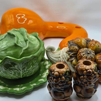 LOT 71K: Vintage Inarco Japan Cornucopia with Matching Candle stick Holders, Holland Mold Cabbage Tureen, and Ceramic Gourd Candle Holder...