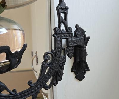 LOT 74D: Cute Country Decor Lot Including Oil Lamp with Black Metal Swing Arm, Wooden Rocking Horse, and More