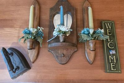 LOT 74D: Cute Country Decor Lot Including Oil Lamp with Black Metal Swing Arm, Wooden Rocking Horse, and More