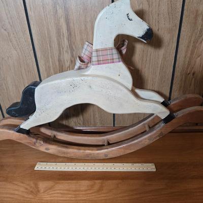 LOT 74D: Cute Country Decor Lot Including Oil Lamp with Black Metal Swing Arm, Wooden Rocking Horse, and More