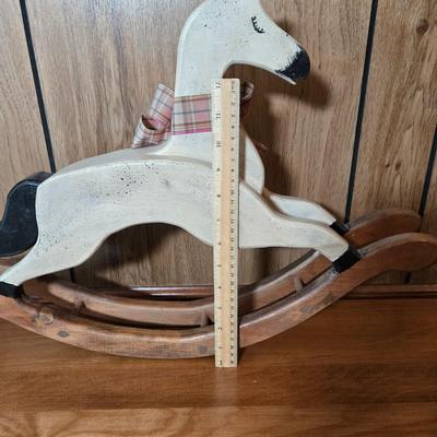 LOT 74D: Cute Country Decor Lot Including Oil Lamp with Black Metal Swing Arm, Wooden Rocking Horse, and More