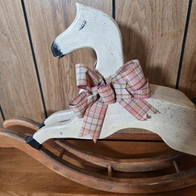 LOT 74D: Cute Country Decor Lot Including Oil Lamp with Black Metal Swing Arm, Wooden Rocking Horse, and More